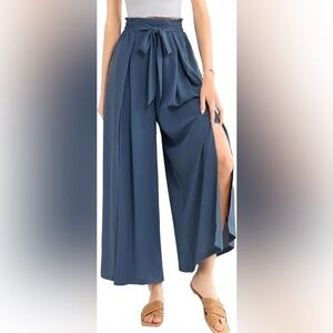 Simplee High Waist Split Wide Leg Palazzo Pants Blue Tie Front Resortwear Size L